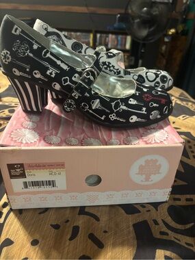 Irregular Choice Doris Mary Jane Heels in Black & White Key Print